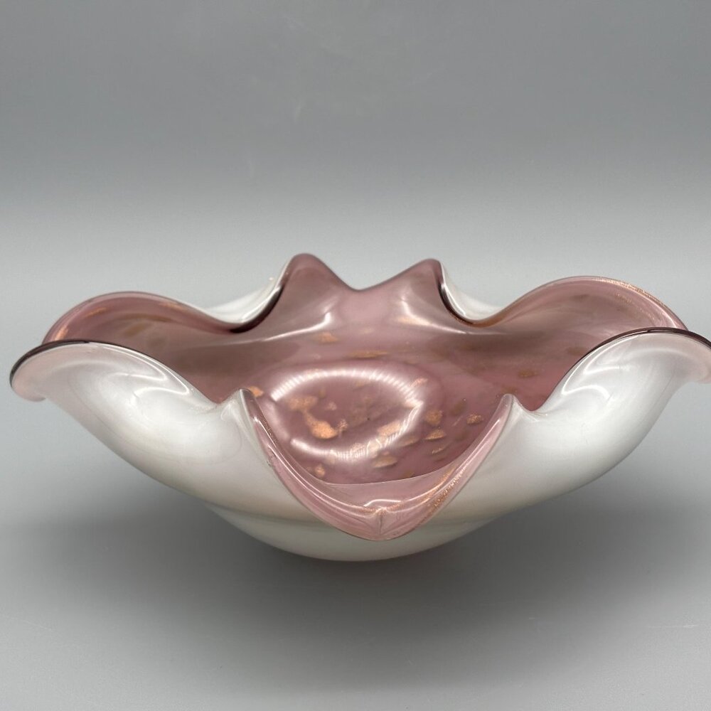 Vintage Murano Style Art Glass Bowl 10 Inch Pink White Aventurine Gold Fleck